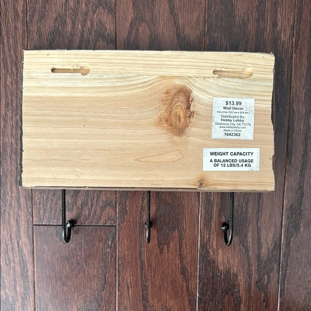 Wooden Wall Rack with Black Metal Hooks